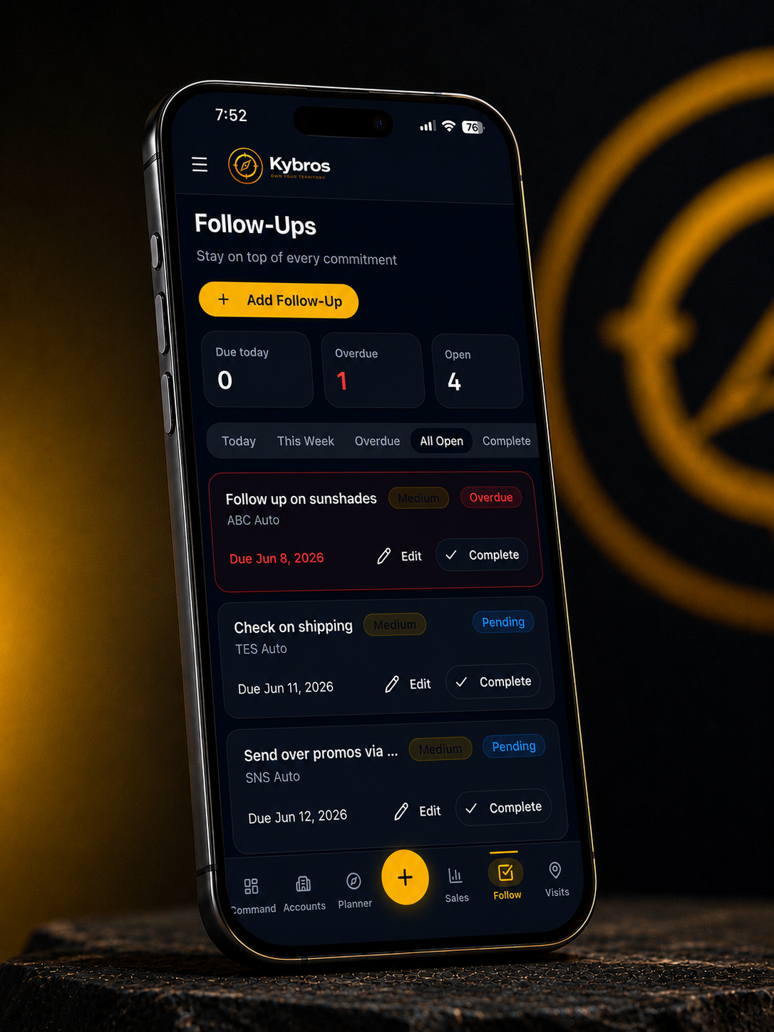 Kybros follow-up manager dashboard showing overdue tasks, upcoming follow-ups, customer reminders, due dates, and sales activity tracking.