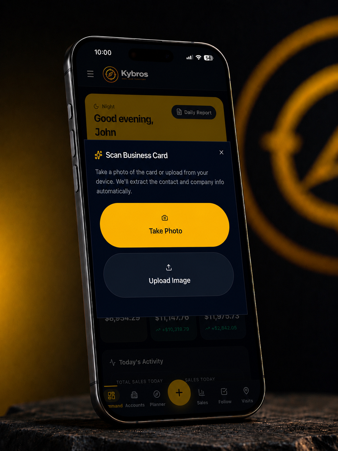 Kybros business card scanner automatically capturing contact information, customer details, account information, territory assignment, and address data from a scanned business card.